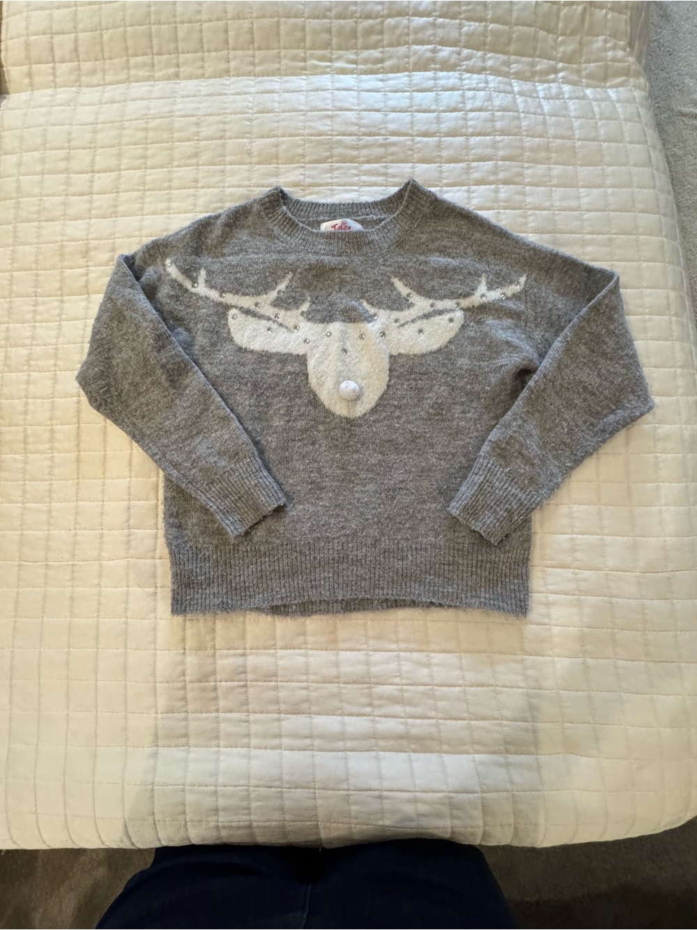 Justice Cozy Grey Moose Intarsia Crewneck Sweater